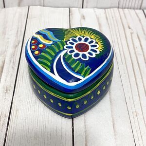 Mexico Hand Painted Floral Heart Shaped Trinket Box  2”x3.5”